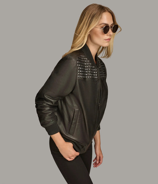 X Small Edgy Women's Studded Bomber Leather Jacket - skyjackerz