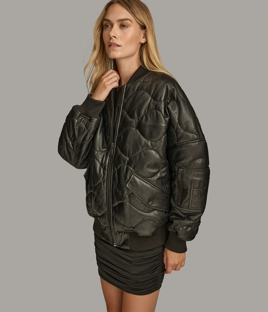 Women's Quilted Bomber Leather Jacket