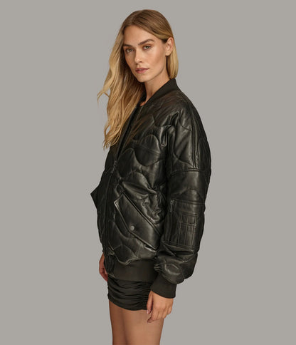X Small Women's Quilted Bomber Leather Jacket - skyjackerz