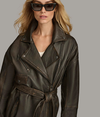 Small Women's Designer Washed Moto Trench Coat - skyjackerz