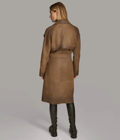 Small Women's Distressed Leather Trench Coat - skyjackerz