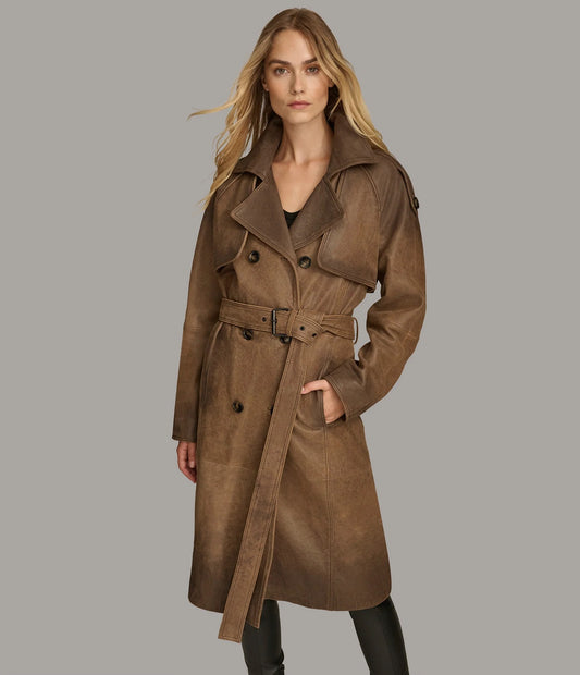 Small Women's Distressed Leather Trench Coat - skyjackerz