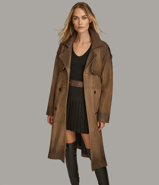 Women's Distressed Leather Trench Coat