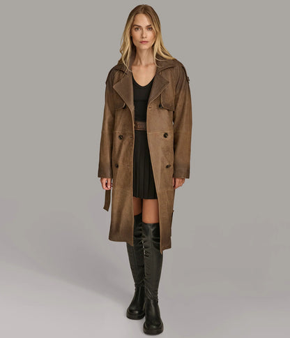 Small Women's Distressed Leather Trench Coat - skyjackerz