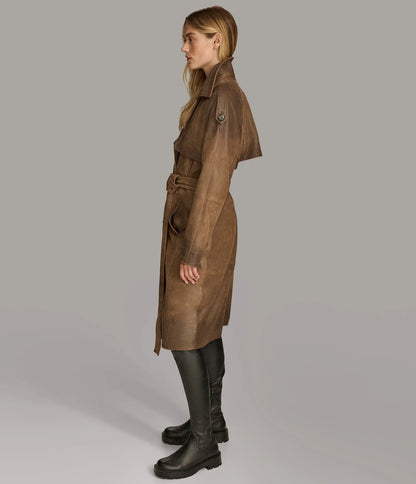 Small Women's Distressed Leather Trench Coat - skyjackerz