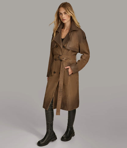 Small Women's Distressed Leather Trench Coat - skyjackerz