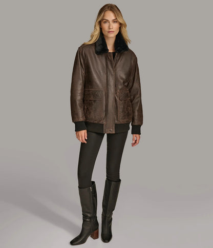X Small Women's Fur Lined Bomber Leather Jacket - skyjackerz
