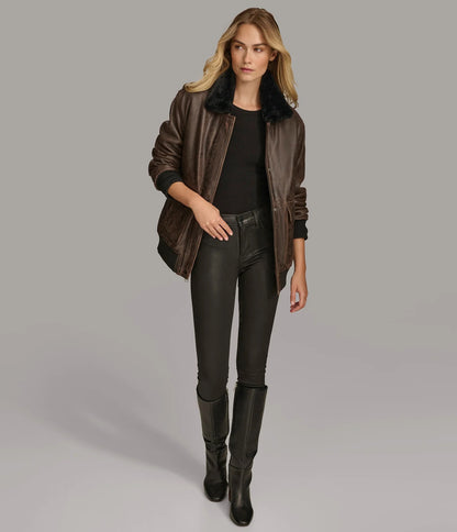 X Small Women's Fur Lined Bomber Leather Jacket - skyjackerz