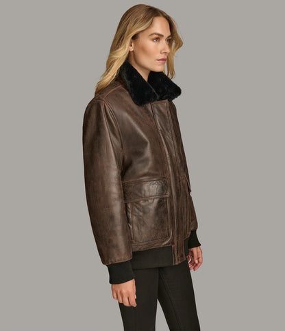 X Small Women's Fur Lined Bomber Leather Jacket - skyjackerz