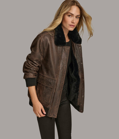 Women's Fur Lined Bomber Leather Jacket