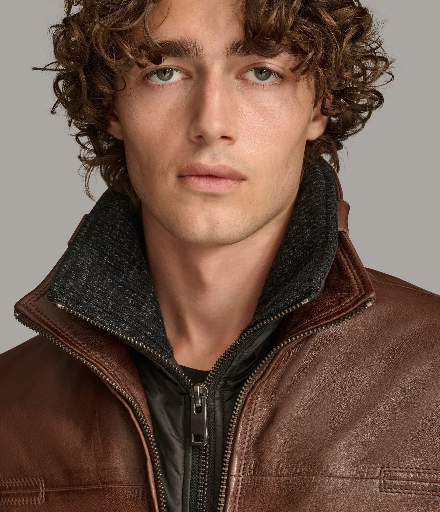 Men's Zip Up Leather Jacket with Removable Collar