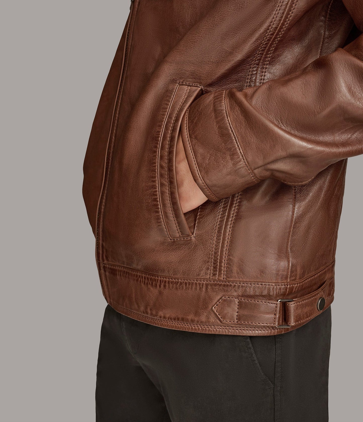 Men's Zip Up Leather Jacket with Removable Collar