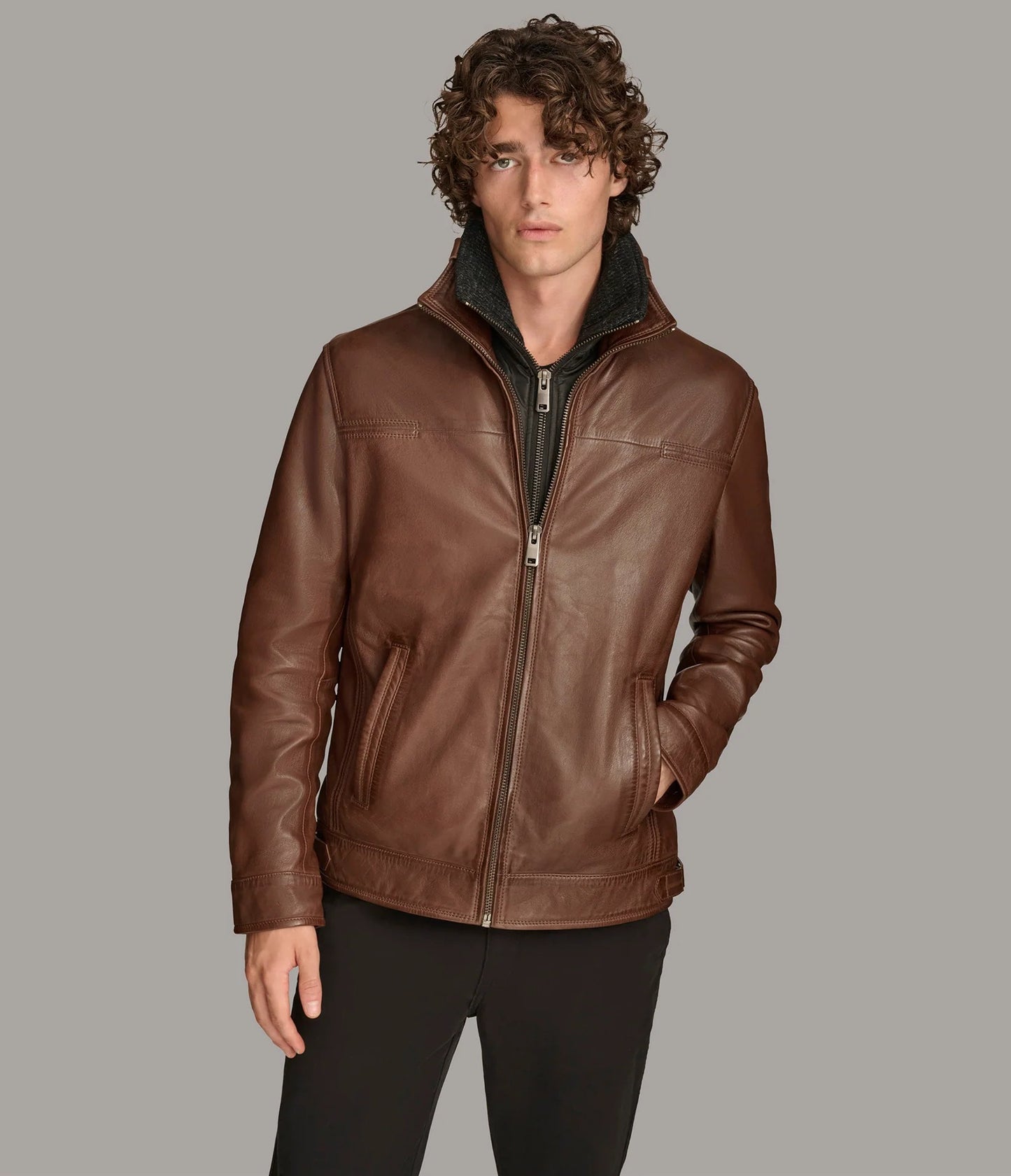 Men's Zip Up Leather Jacket with Removable Collar