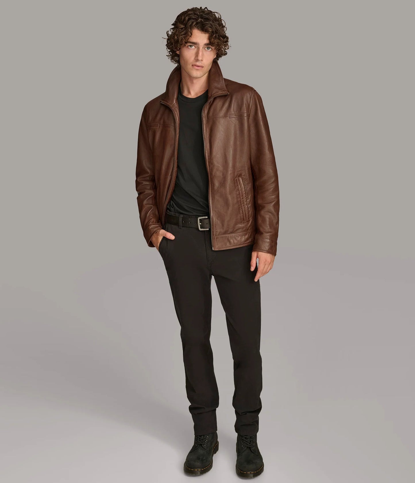 Men's Zip Up Leather Jacket with Removable Collar