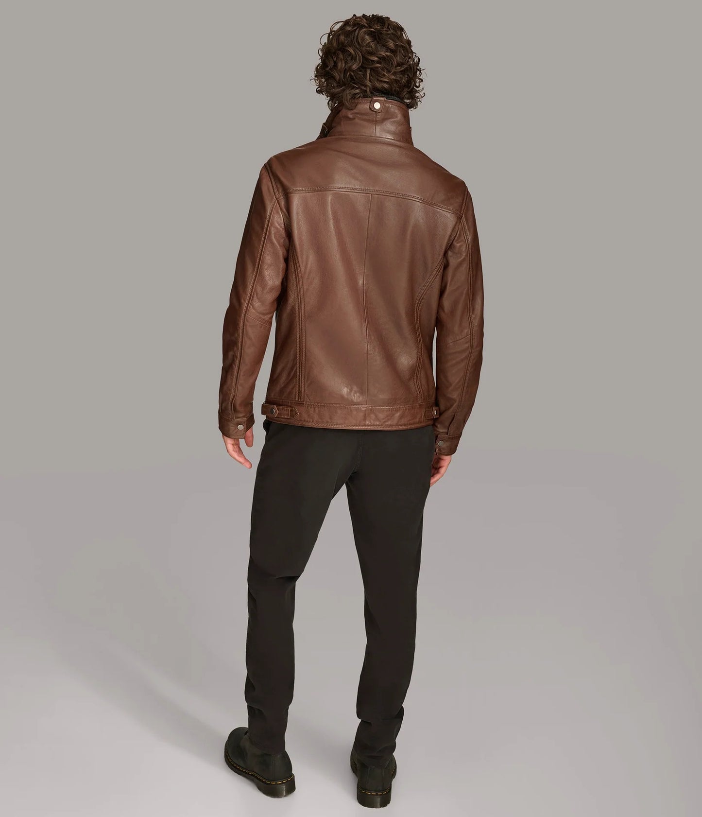 Men's Zip Up Leather Jacket with Removable Collar