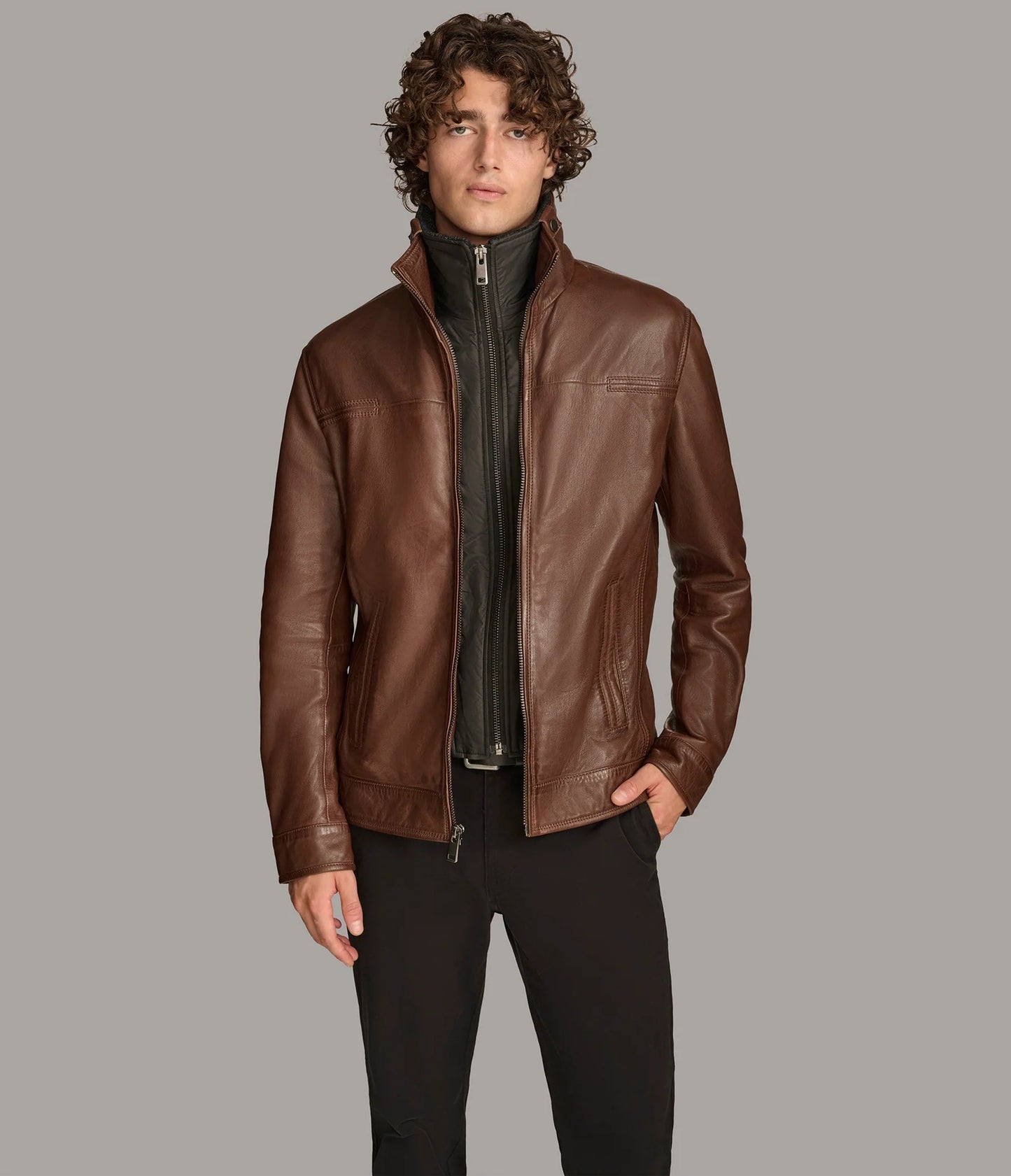 Men's Zip Up Leather Jacket with Removable Collar