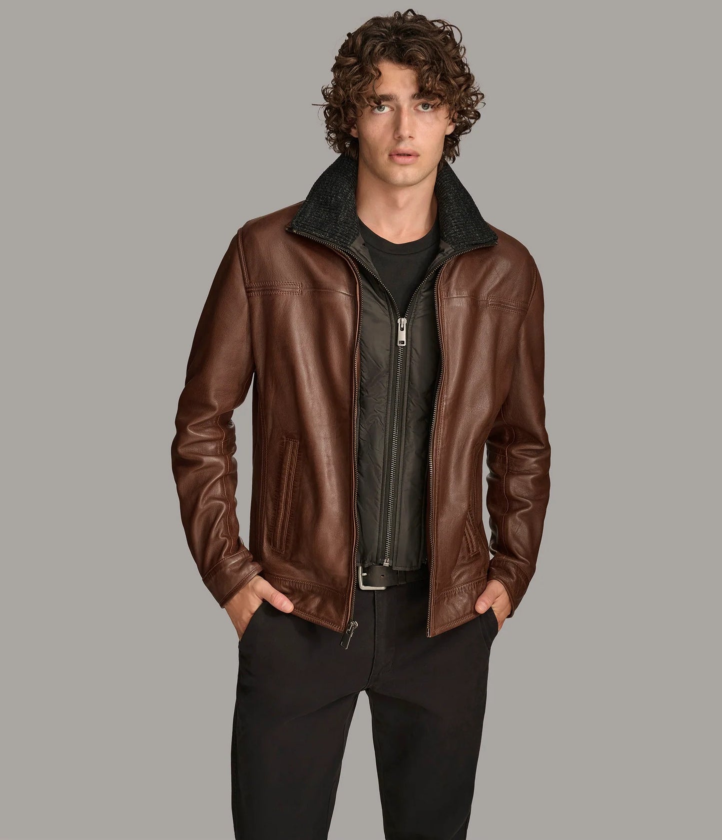 Men's Zip Up Leather Jacket with Removable Collar