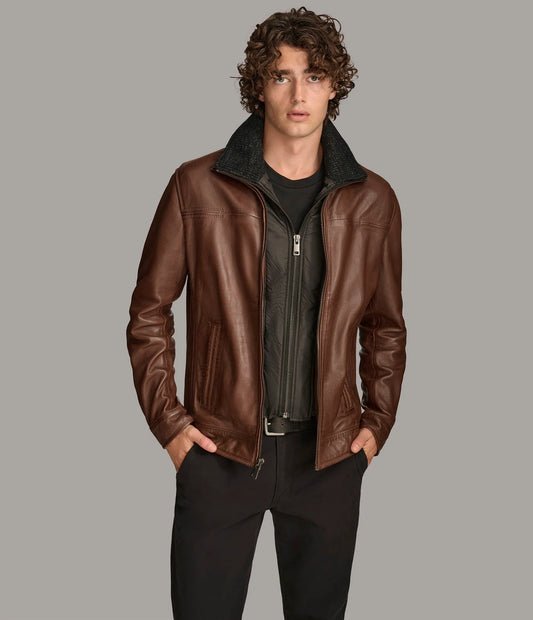 Medium Men's Zip Up Leather Jacket with Removable Collar - skyjackerz