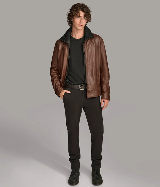 Men's Zip Up Leather Jacket with Removable Collar