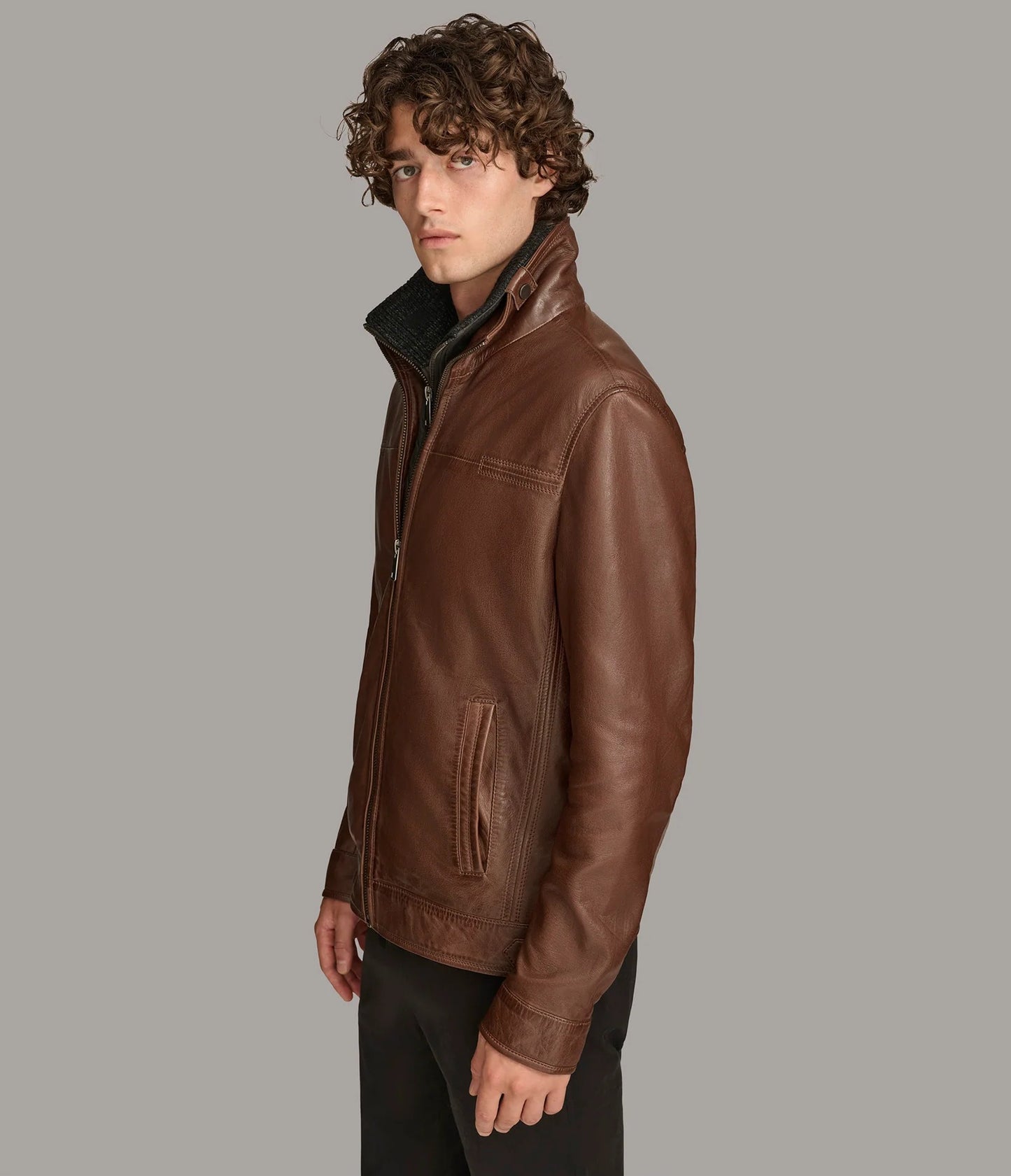 Men's Zip Up Leather Jacket with Removable Collar