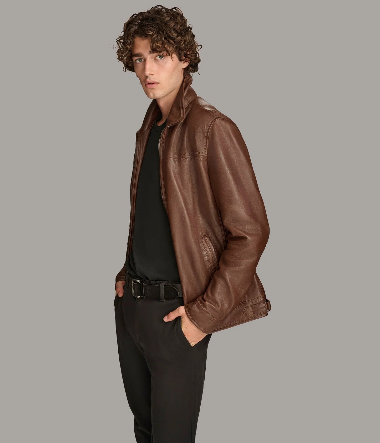 Men's Zip Up Leather Jacket with Removable Collar