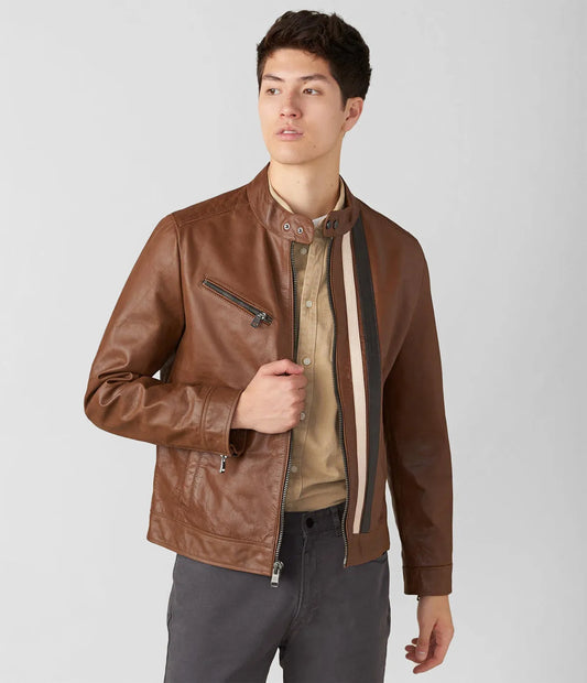 Adam Stripe Biker Brown Leather Jacket For Men - skyjackerz