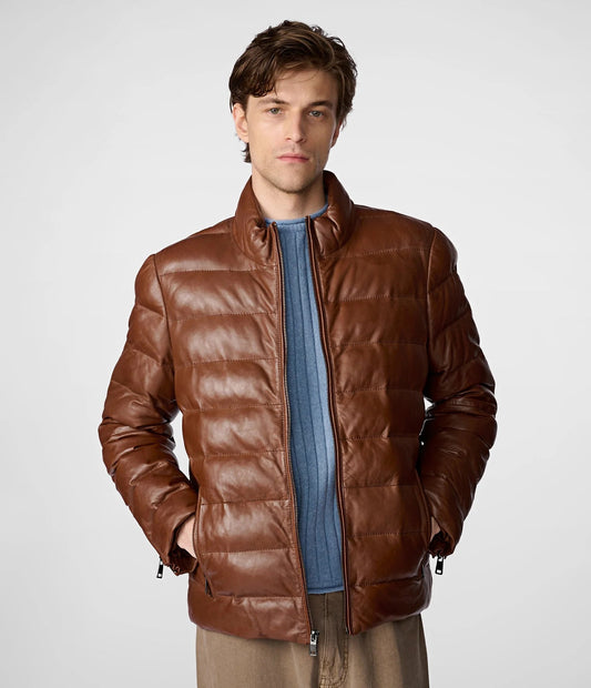 Men's Distressed Leather Puffer Jacket