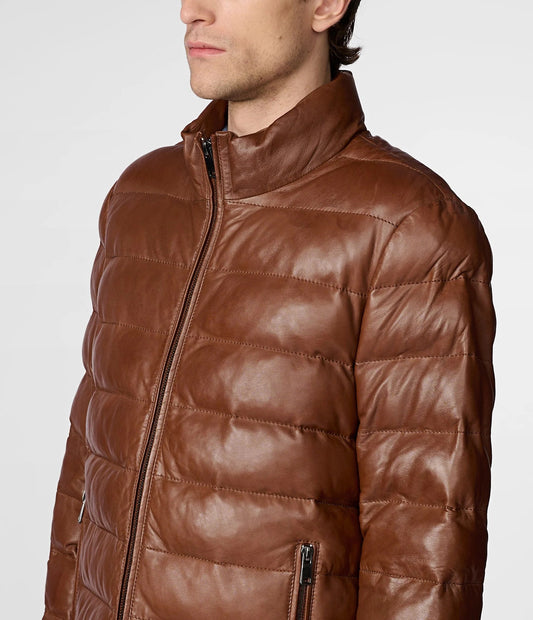 Men's Distressed Leather Puffer Jacket