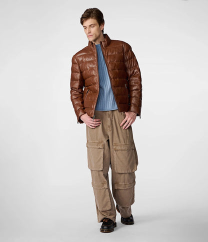 Medium Men's Distressed Leather Puffer Jacket - skyjackerz