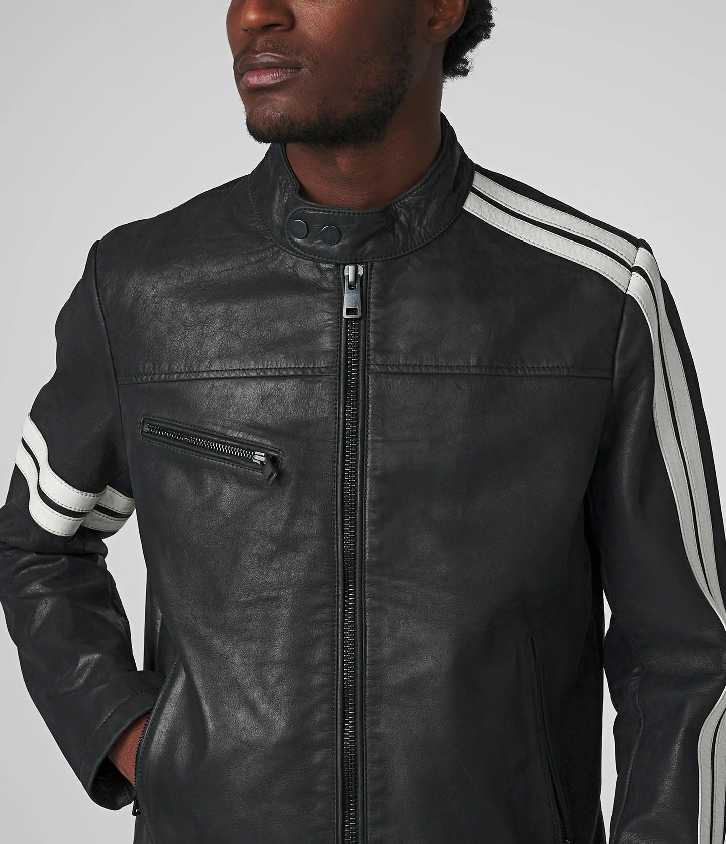 Men's Striped Vintage Leather Racer Jacket