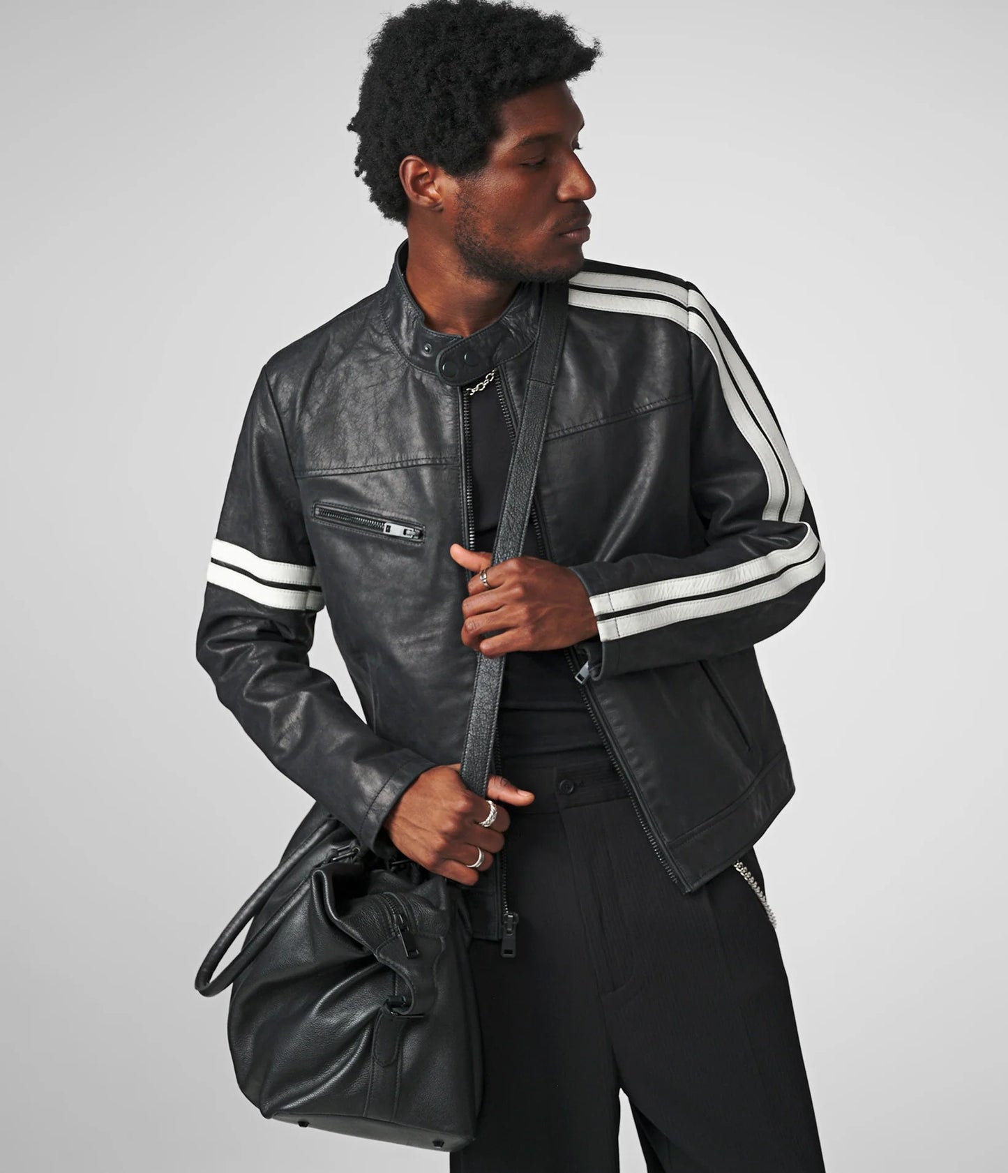 Men's Striped Vintage Leather Racer Jacket