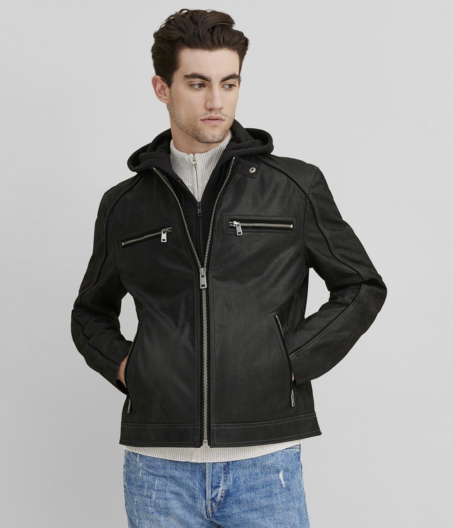 Medium Jason Vintage Hooded Leather Jacket - skyjackerz