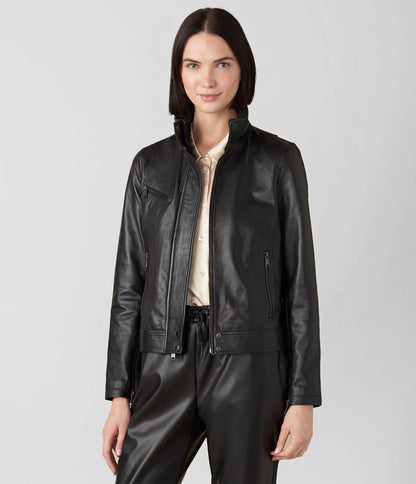 Women's Leather Jacket with Stand Collar