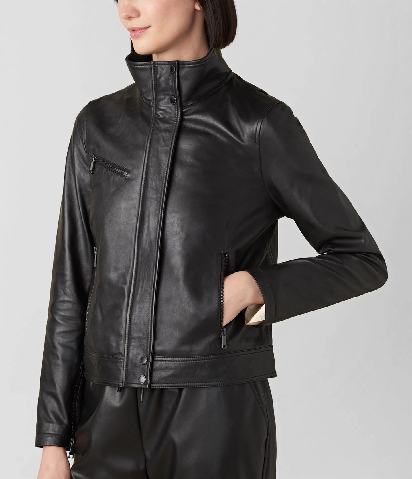 Women's Leather Jacket with Stand Collar