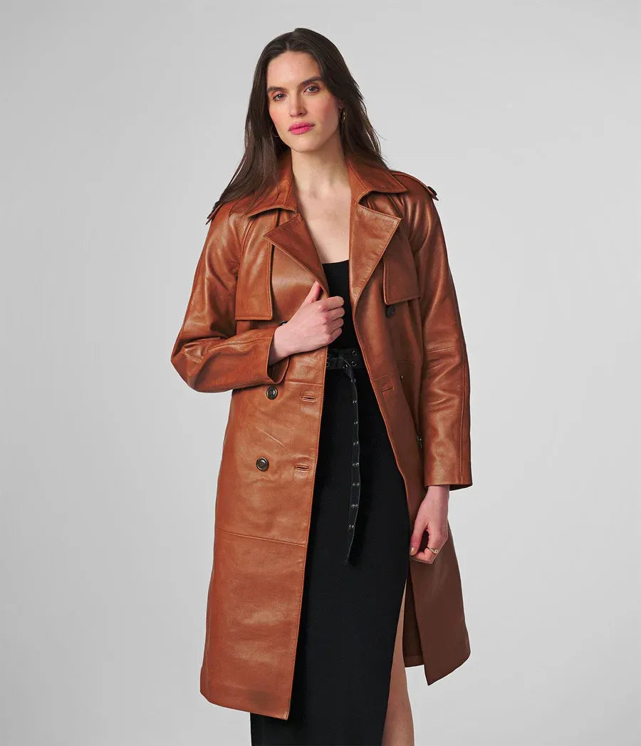 Small Ayla Women's Leather Trench Coat with Belt - skyjackerz