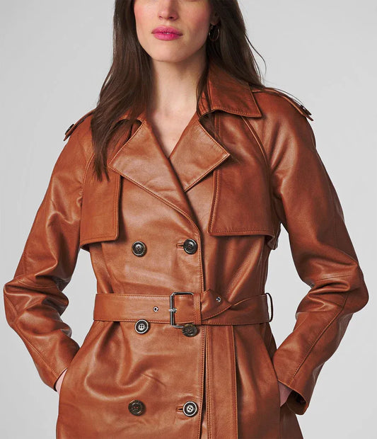 Small Ayla Women's Leather Trench Coat with Belt - skyjackerz