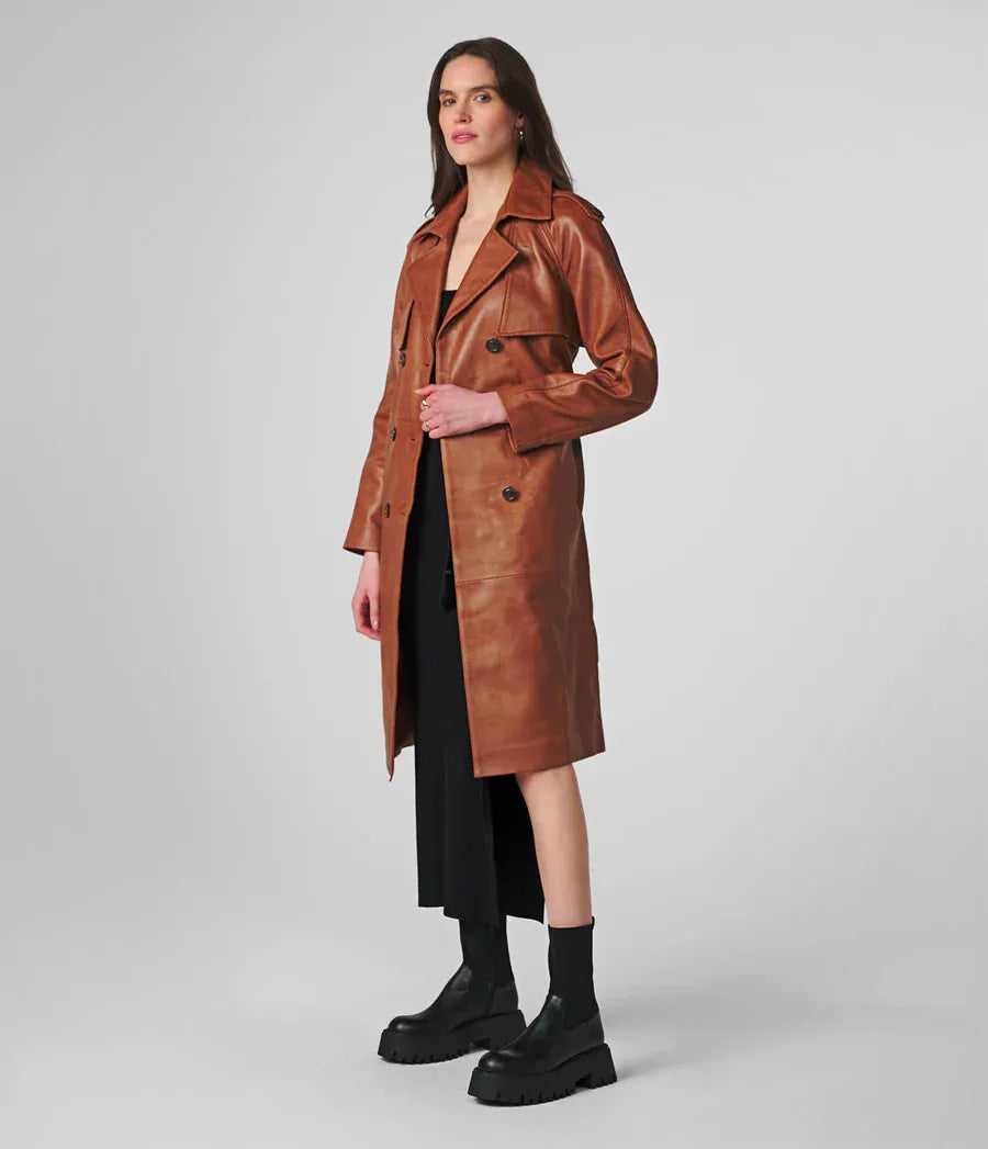 Small Ayla Women's Leather Trench Coat with Belt - skyjackerz