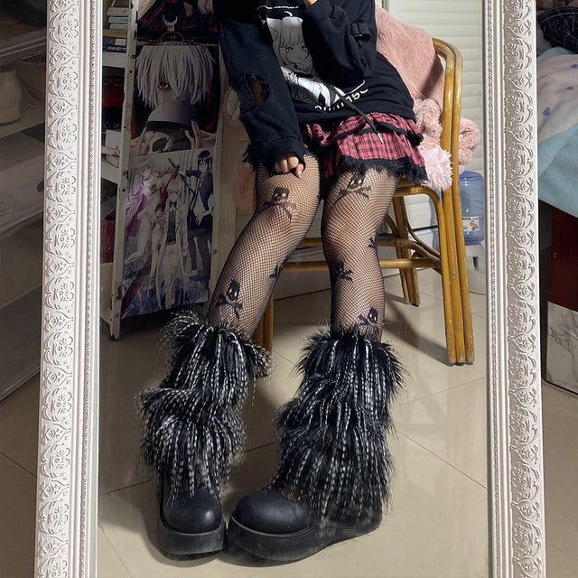 Black White-30cm / One-Size Women's Furry Leg Stockings - skyjackerz