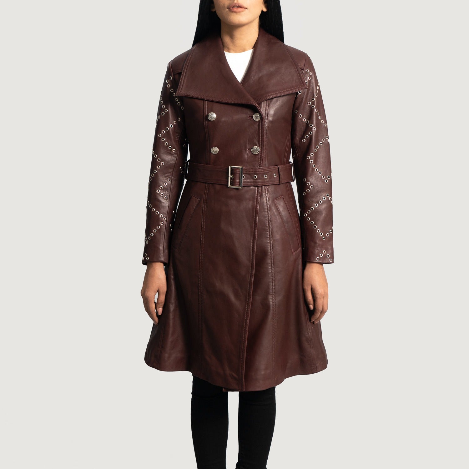 Small Women's Stylish Studded Trench Coat - skyjackerz