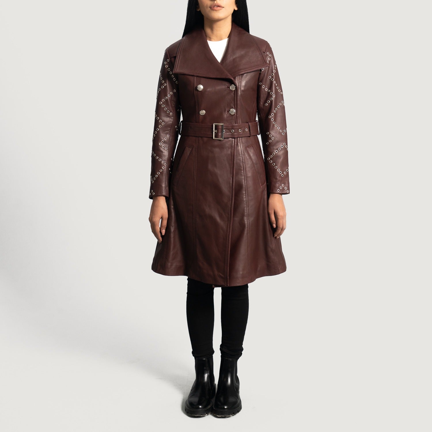 Small Women's Stylish Studded Trench Coat - skyjackerz
