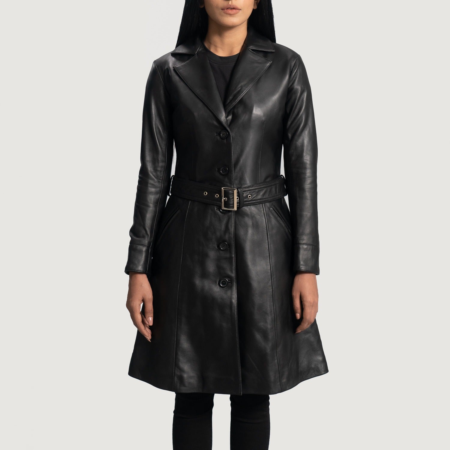 Small Women's Black Leather Trench Coat - skyjackerz