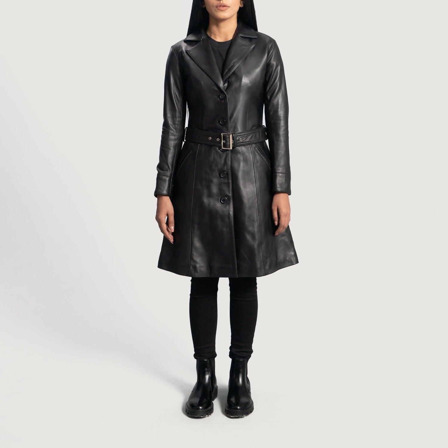 Small Women's Black Leather Trench Coat - skyjackerz