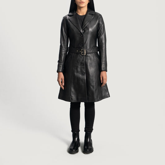 Small Women's Black Leather Trench Coat - skyjackerz