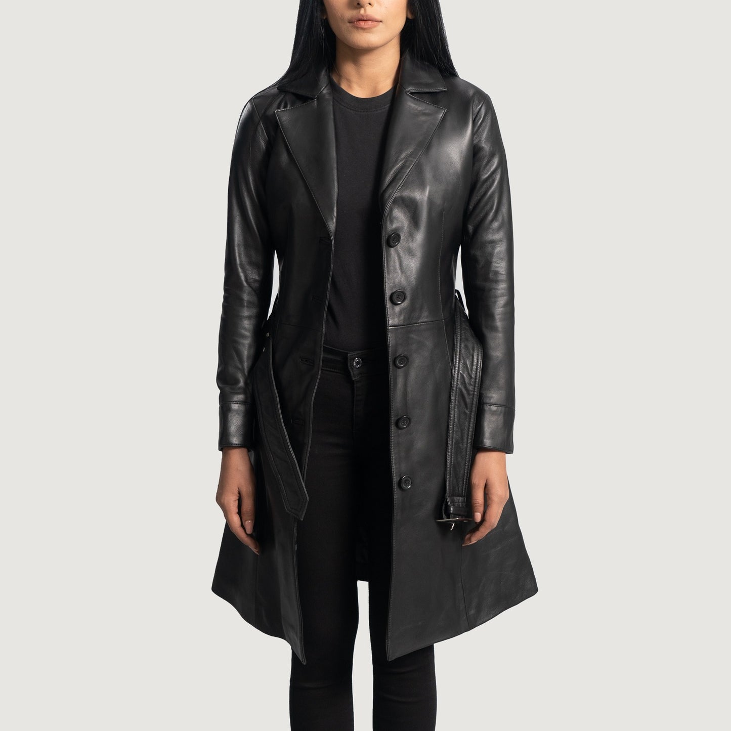 Small Women's Black Leather Trench Coat - skyjackerz