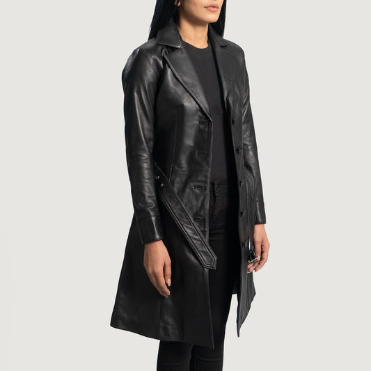 Small Women's Black Leather Trench Coat - skyjackerz