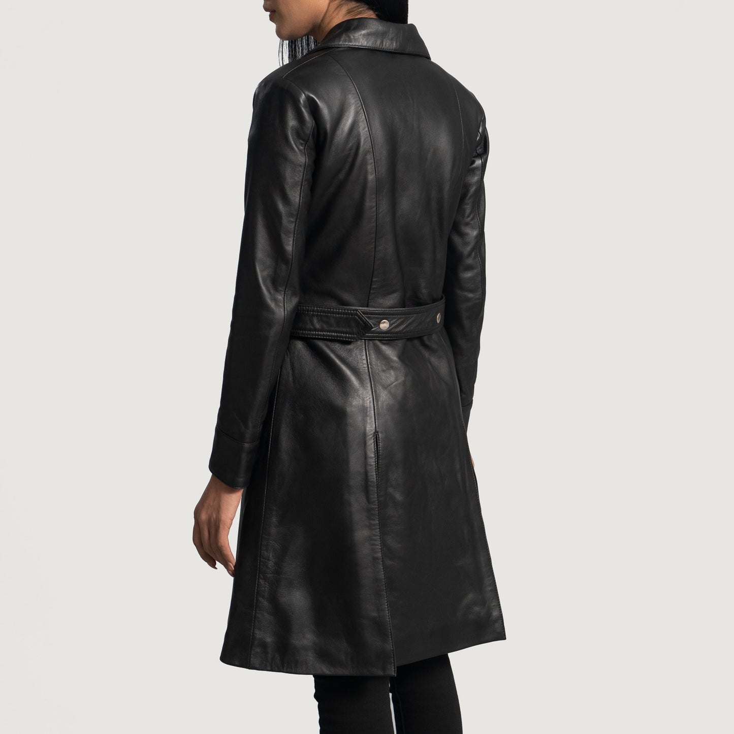 Small Women's Black Leather Trench Coat - skyjackerz