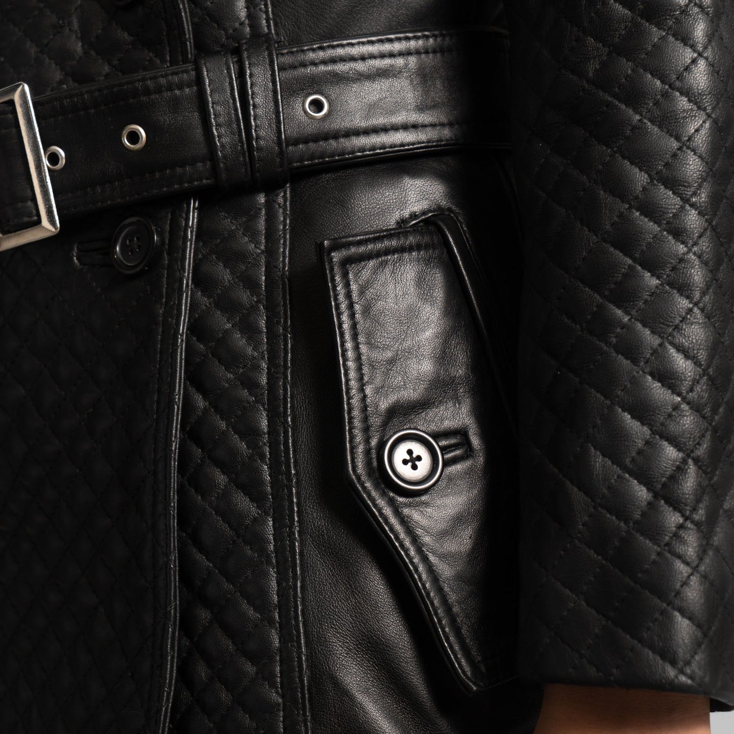 Small Women's Quilted Black Leather Trench Coat - skyjackerz