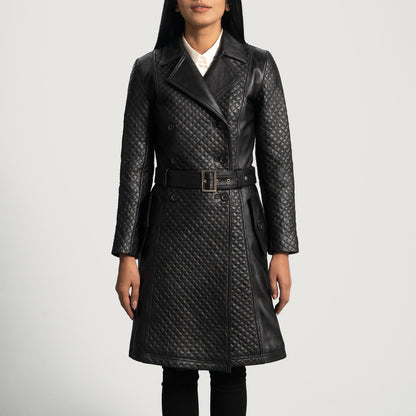Small Women's Quilted Black Leather Trench Coat - skyjackerz