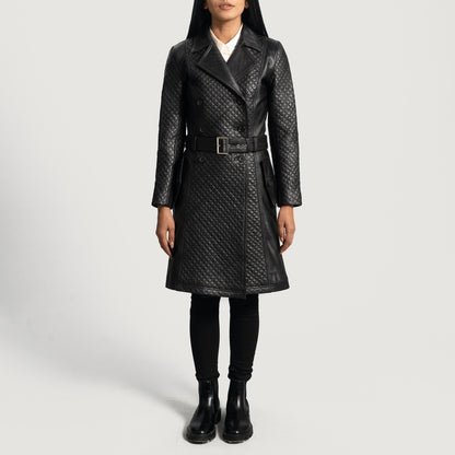 Small Women's Quilted Black Leather Trench Coat - skyjackerz