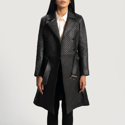 Small Women's Quilted Black Leather Trench Coat - skyjackerz